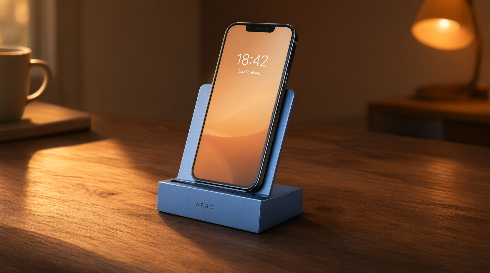 Aurora Dock steel-blue finish in warm light