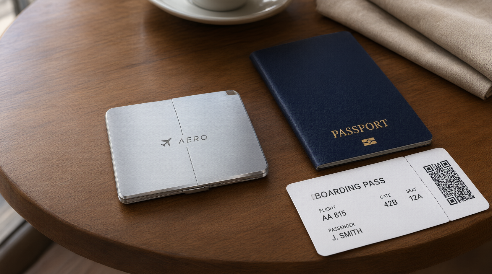 Travel Dock folded flat next to a passport